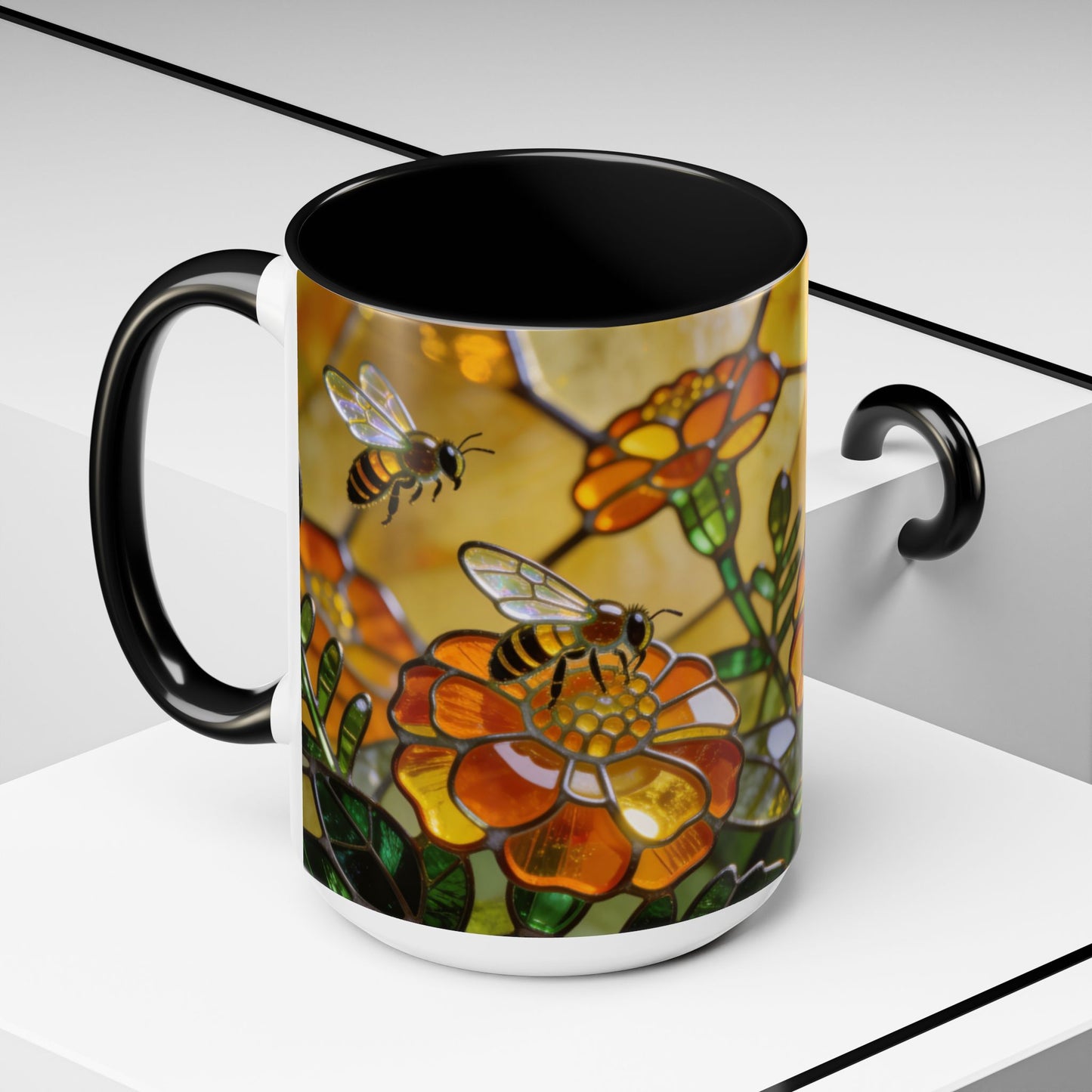 Bees and Marigolds Stained Glass Style Coffee/Tea Mug (15oz)