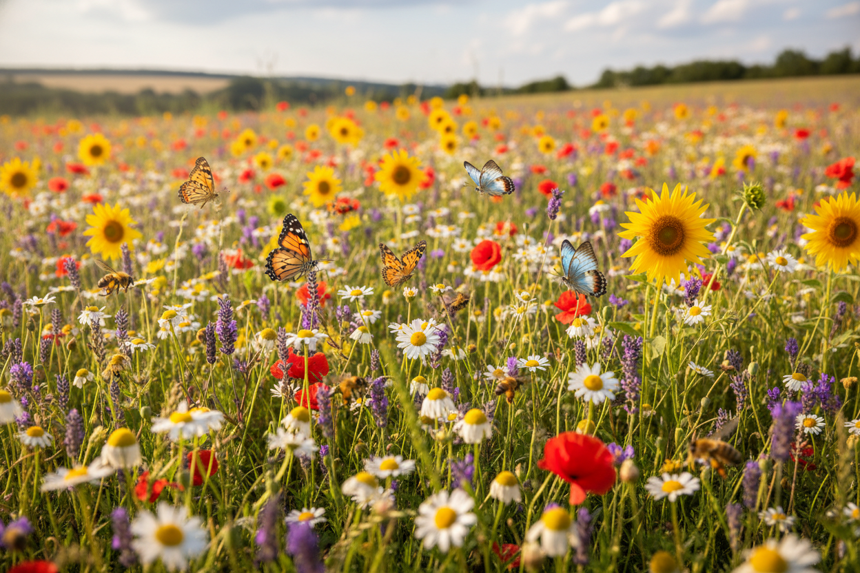 FIELD OF FLOWERS WITH BUTTERFLIES AND BEES